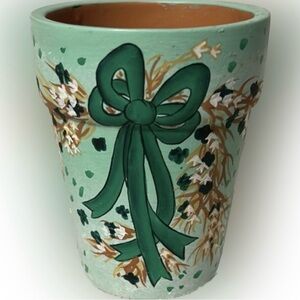 💥NEW Hand-Painted Green Clay Pot Floral Accent Decor Planter Terra Cotta